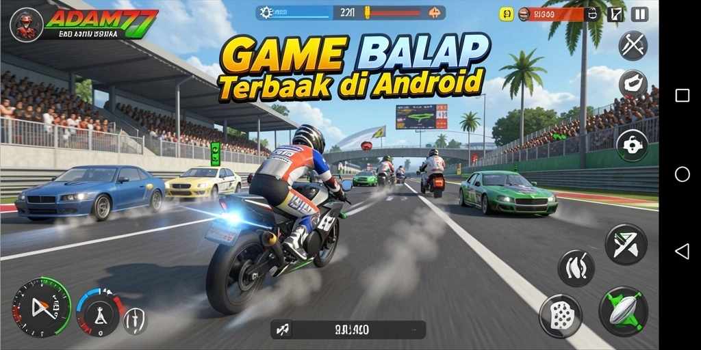 Screenshot gameplay ADAM77 yang menunjukkan aksi balapan mendebarkan.