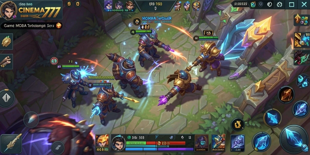 Screenshot utama CINEMA777 menampilkan aksi pertarungan seru dalam game MOBA.