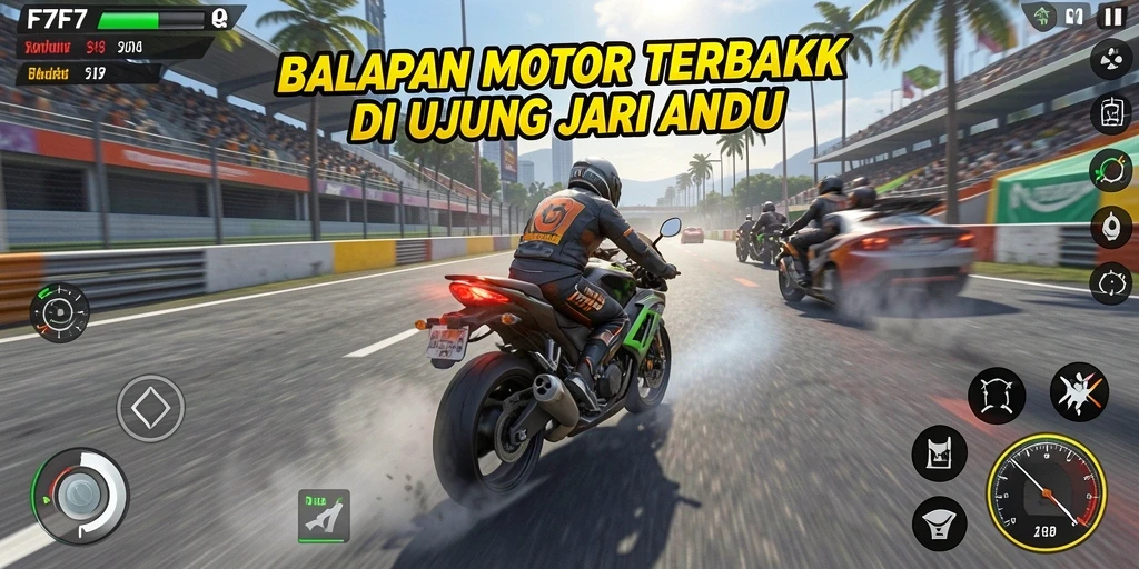 Screenshot gameplay F7F7 yang menampilkan balapan motor yang seru.
