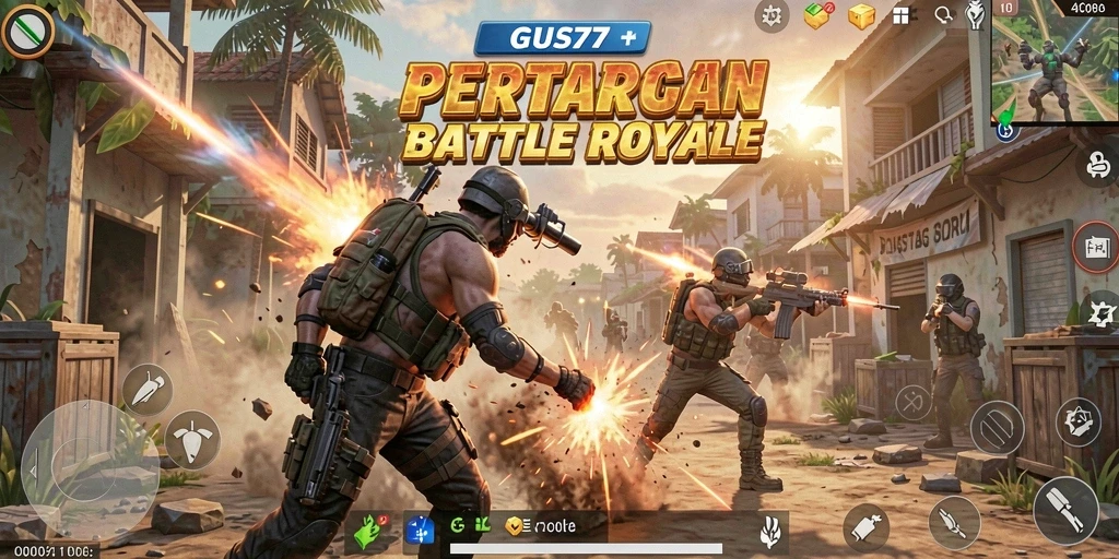 Screenshot GUS77 menunjukkan suasana pertarungan Battle Royale yang intens.